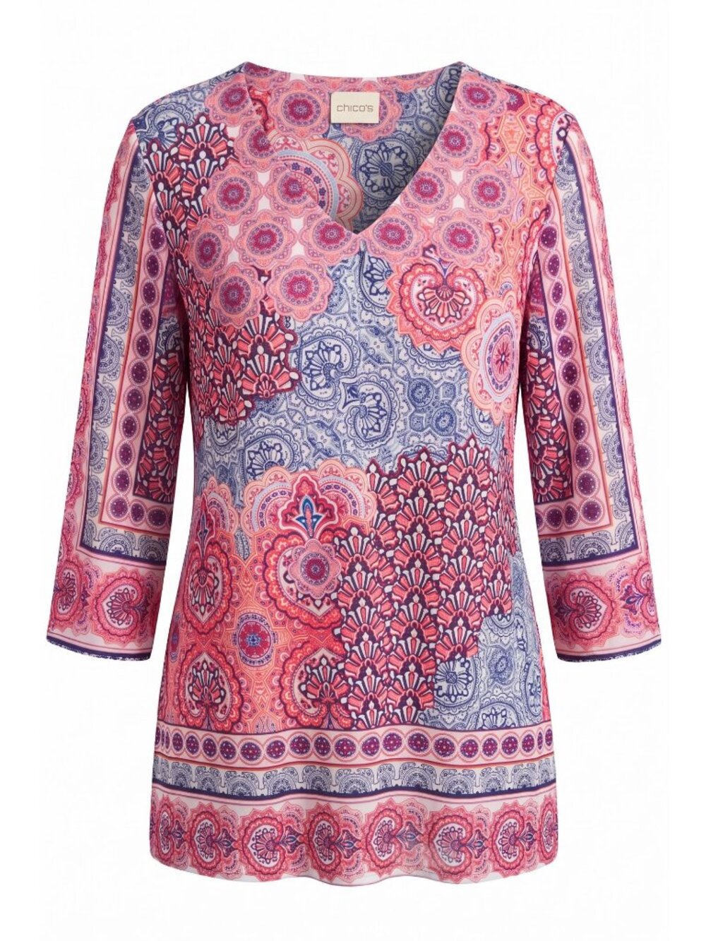 Chico's Women M (1) Tunic Top Pink Blue Boho Medallion Print Stretch 3/4 Sleeve